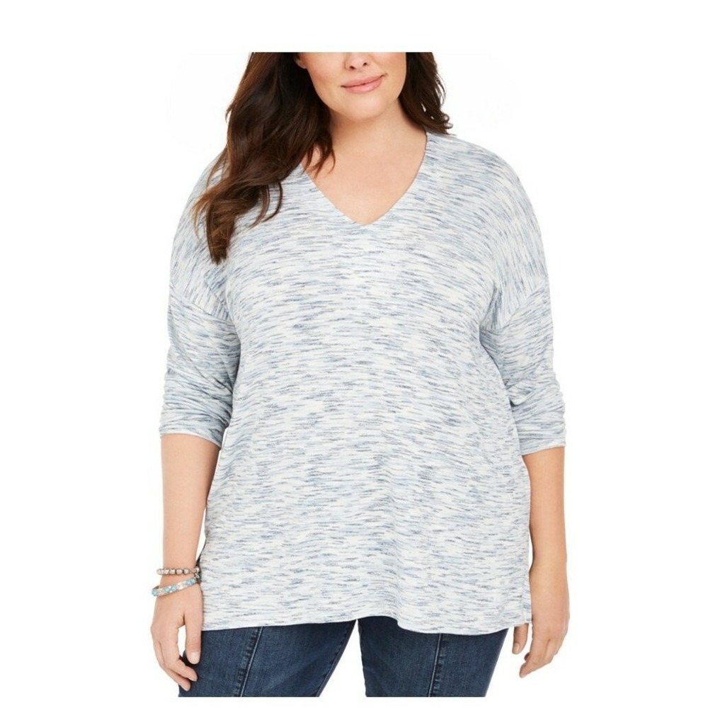 Style&Co Women Waffle Knit Trim Cowl neck Sweater Khaki Combo Color Plus Size 1X
